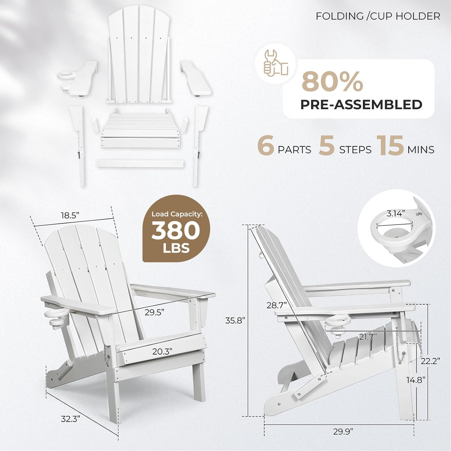HDPE Adirondack Chair, Folding Outdoor Patio Chair with Cup Holder, Weather Resistant Wood Grain Lawn Chair for Backyard, Garden, Fire Pit, Deck, White