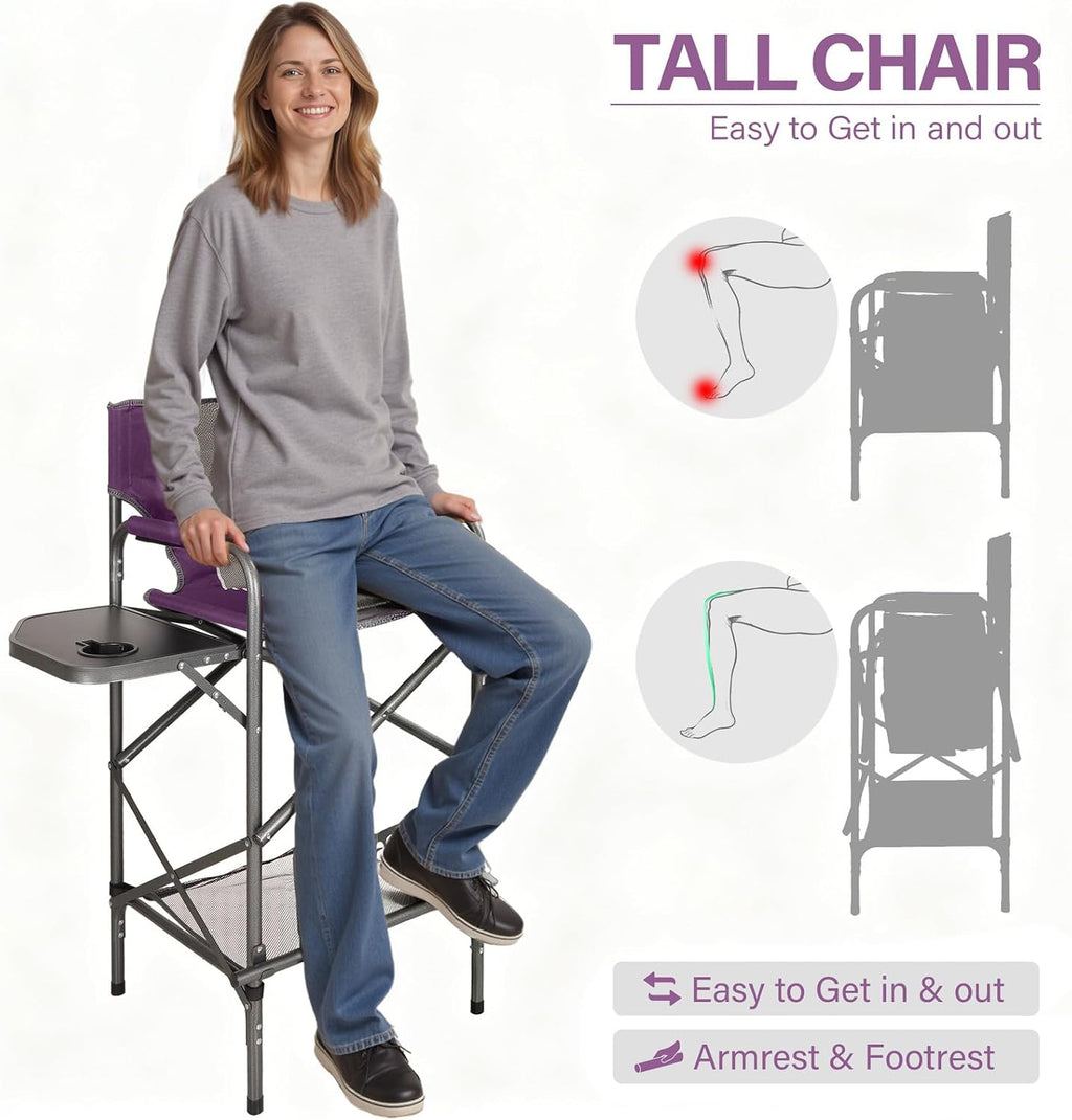 LANMONTAIN Folding Tall Director Chairs,30.7'' Seat High Makeup Solan Chairs,Portable Camping Chair w/Side Table Functional Pocket and Footrest,Comfy Bar Stool Heavy Duty Supports 350 Lbs,Purple