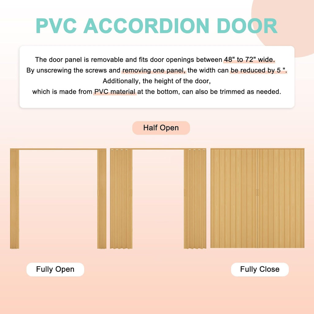 72" x 80" Enhanced Double Walled Interior Accordion Doors, Oak PVC Panel Strong Magnet Folding Closet Door, Space-Saving Bi Fold Doors with Heavy-Duty Nylon Rollers & Upgrated Handle, Easy to Install