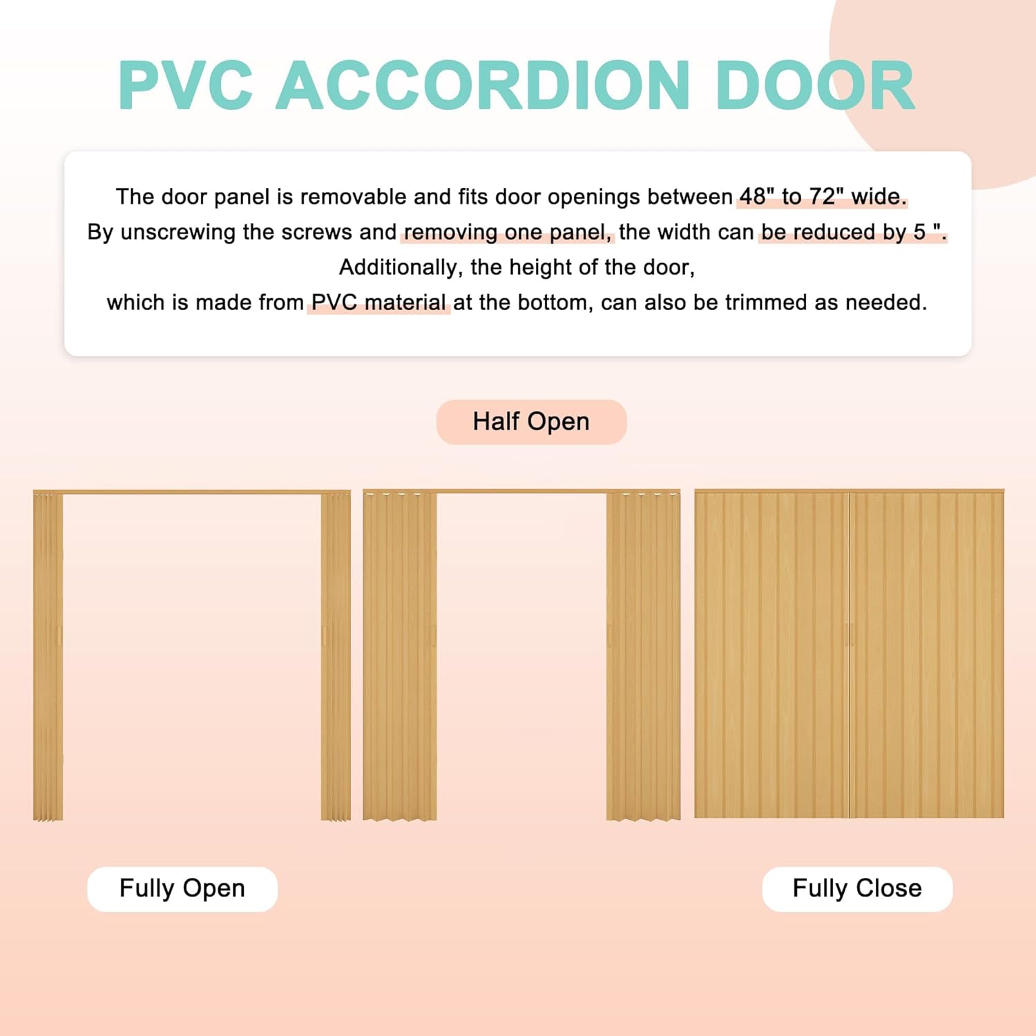 72" x 80" Enhanced Double Walled Interior Accordion Doors, Oak PVC Panel Strong Magnet Folding Closet Door, Space-Saving Bi Fold Doors with Heavy-Duty Nylon Rollers & Upgrated Handle, Easy to Install