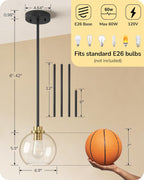EDISHINE Modern Pendant Lights Kitchen Island 2 Pack, Hanging Light Fixture with Clear Glass Globe Shade, Hardwired Matte Black Adjustable Metal Rod for Bathroom, Dining Room, Bedroom