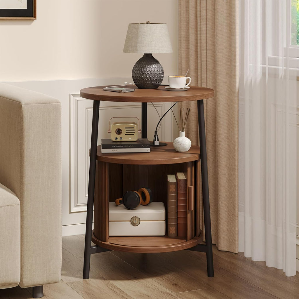Round Side Table with Storage, Nightstand with Charging Station, Mid Century Modern Fluted Bedside Table with Sliding Door, Small Wood End Table for Living Room Small Space Bedroom, Walnut