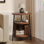 Round Side Table with Storage, Nightstand with Charging Station, Mid Century Modern Fluted Bedside Table with Sliding Door, Small Wood End Table for Living Room Small Space Bedroom, Walnut