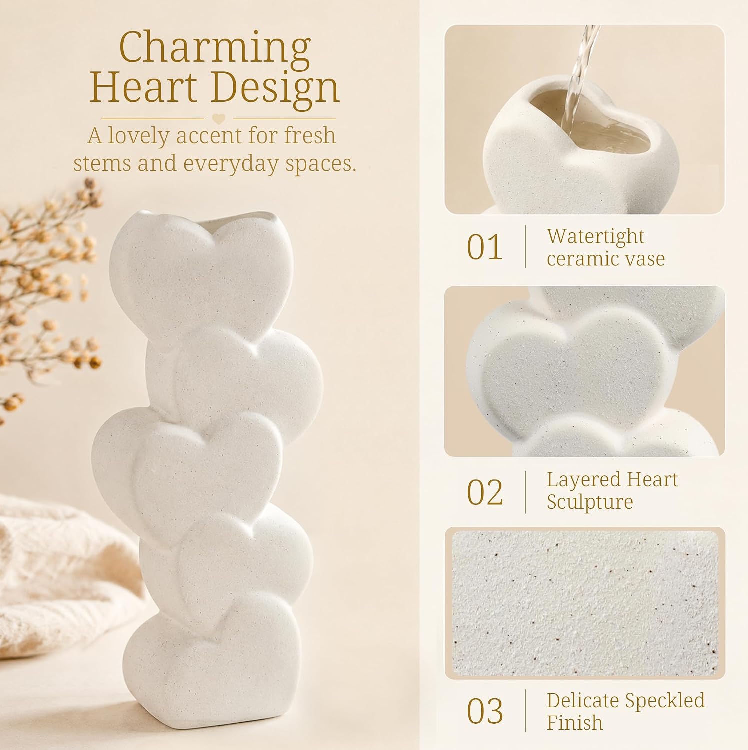 White Ceramic Flower Vases Table Decor Heart Shaped Vase Centerpiece | Nordic Heart Shaped Vases Minimalist Decorative Vase for Table Centerpiece Wedding Dining Living Room Office House Decoration
