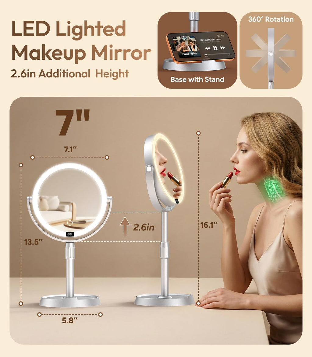 7" ABS Lighted Makeup Mirror with Lights, 1X/20X Magnifying Mirror with Light and Digital Display, 2.6in Height Adjustable, Rechargeable, 3 Color Modes for Makeup & Shaving, Easy to Detach, Women Gift