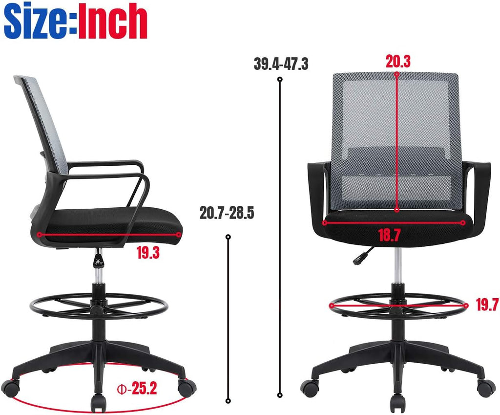 Drafting Chair Tall Office Chair Adjustable Swivel Rolling Mesh Height with Lumbar Support Arms Footrest Mid Back for Adults Standing Desk Drafting Stool (Grey)