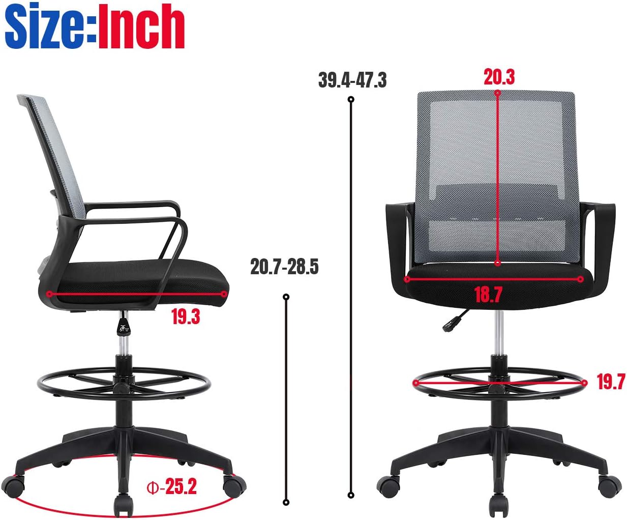 Drafting Chair Tall Office Chair Adjustable Swivel Rolling Mesh Height with Lumbar Support Arms Footrest Mid Back for Adults Standing Desk Drafting Stool (Grey)