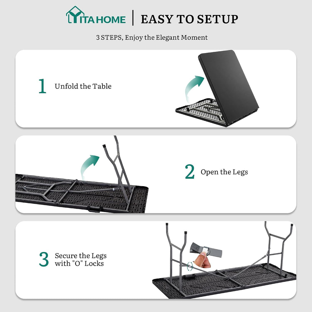 YITAHOME 2-Pack Heavy-Duty 6ft Folding Tables with Handle, Portable Black Plastic Fold-Up Tables for Camping, Picnics, Parties & Events
