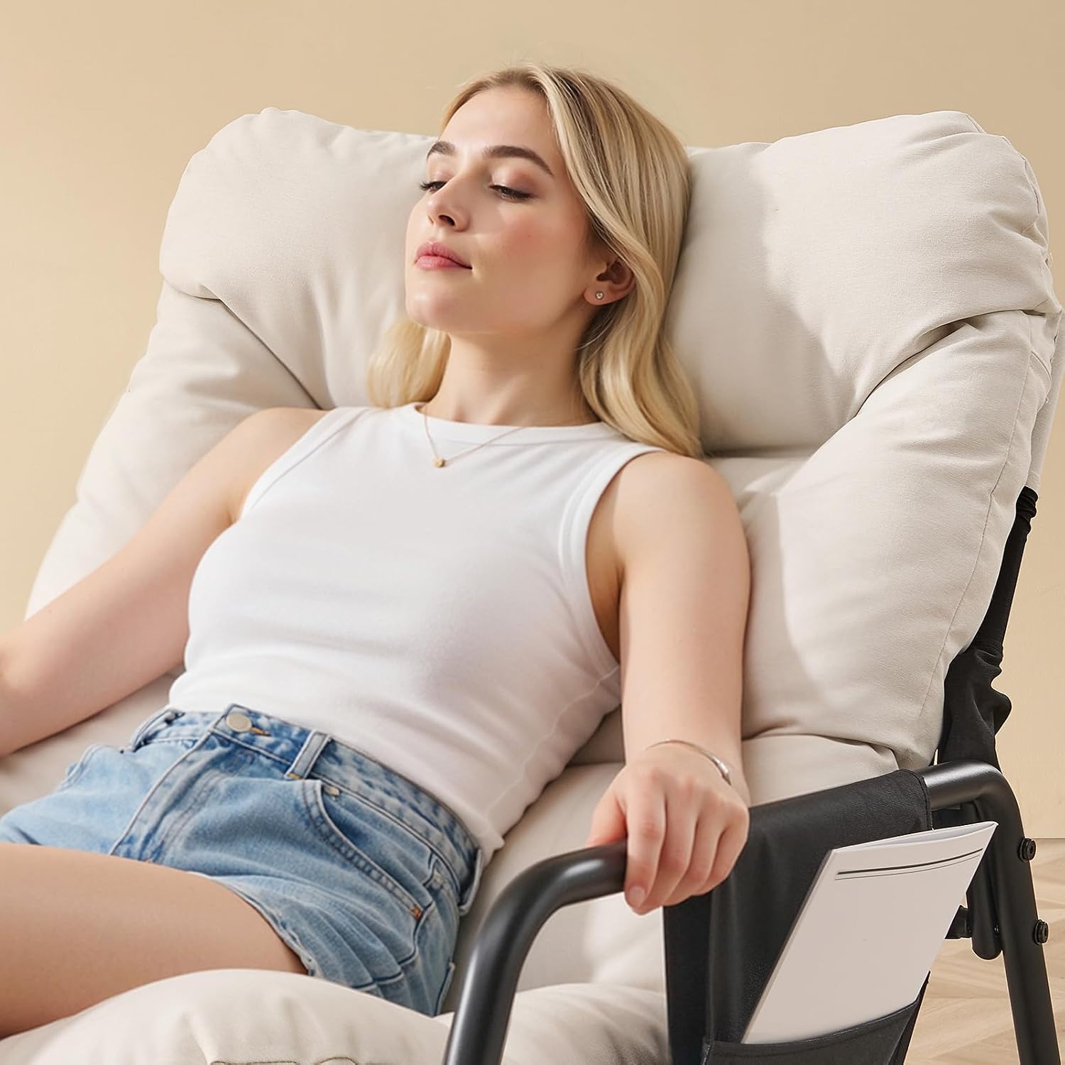 ONBRILL Adjustable Backrest Rocking Chair, Patio Rocking Chair with Cushion, Papasan Chair with Footrest, Indoor & Outdoor Rocker Chair for Living Room, Bedroom, Patio, Garden, Cream White