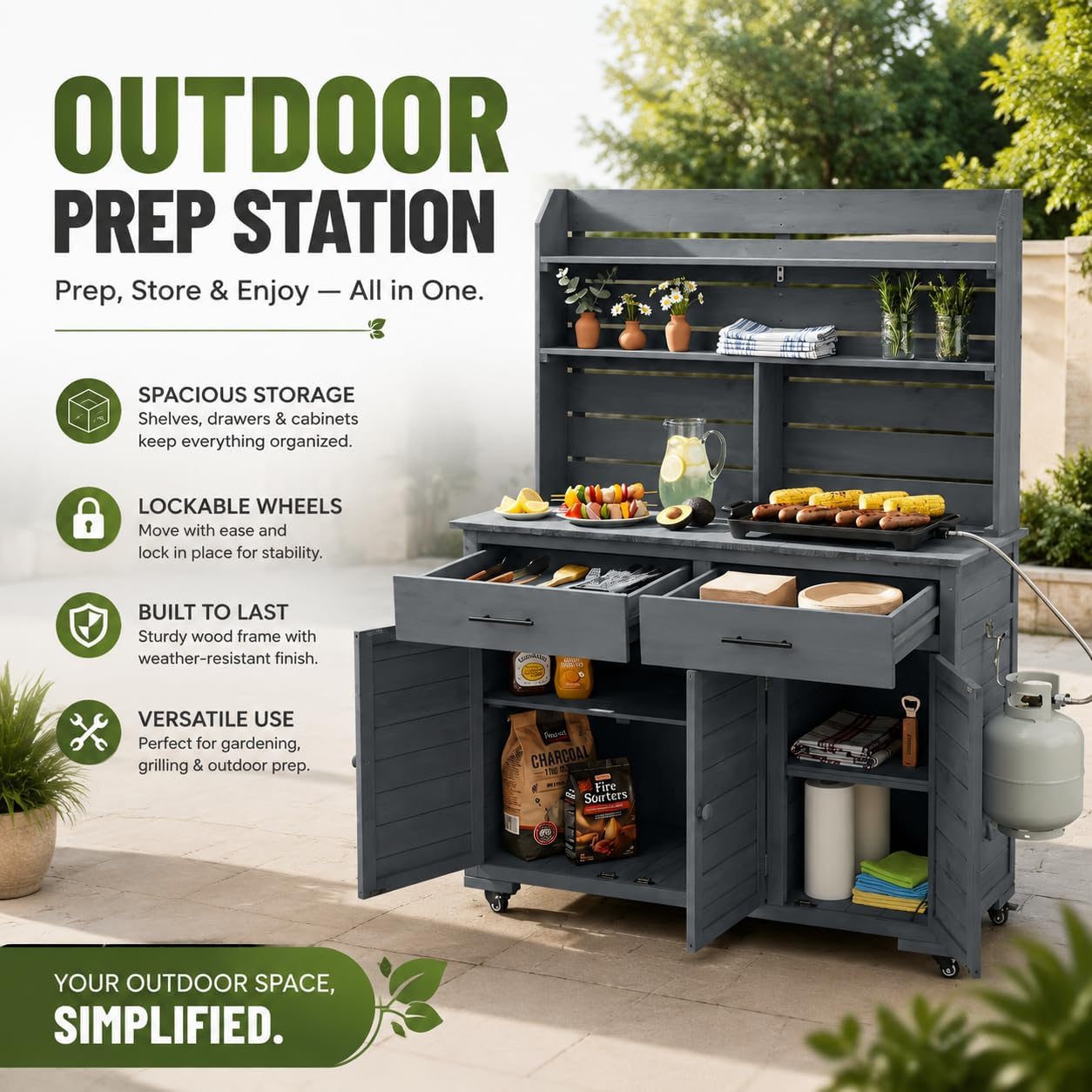 TOPMAX Potting Bench, Garden Prep Cart with Lockable Wheels, Large Storage Cabinet, Outdoor Kitchen Island, Drawers & Removable Shelves, Perfect for Grilling and Gardening Activities, Gray