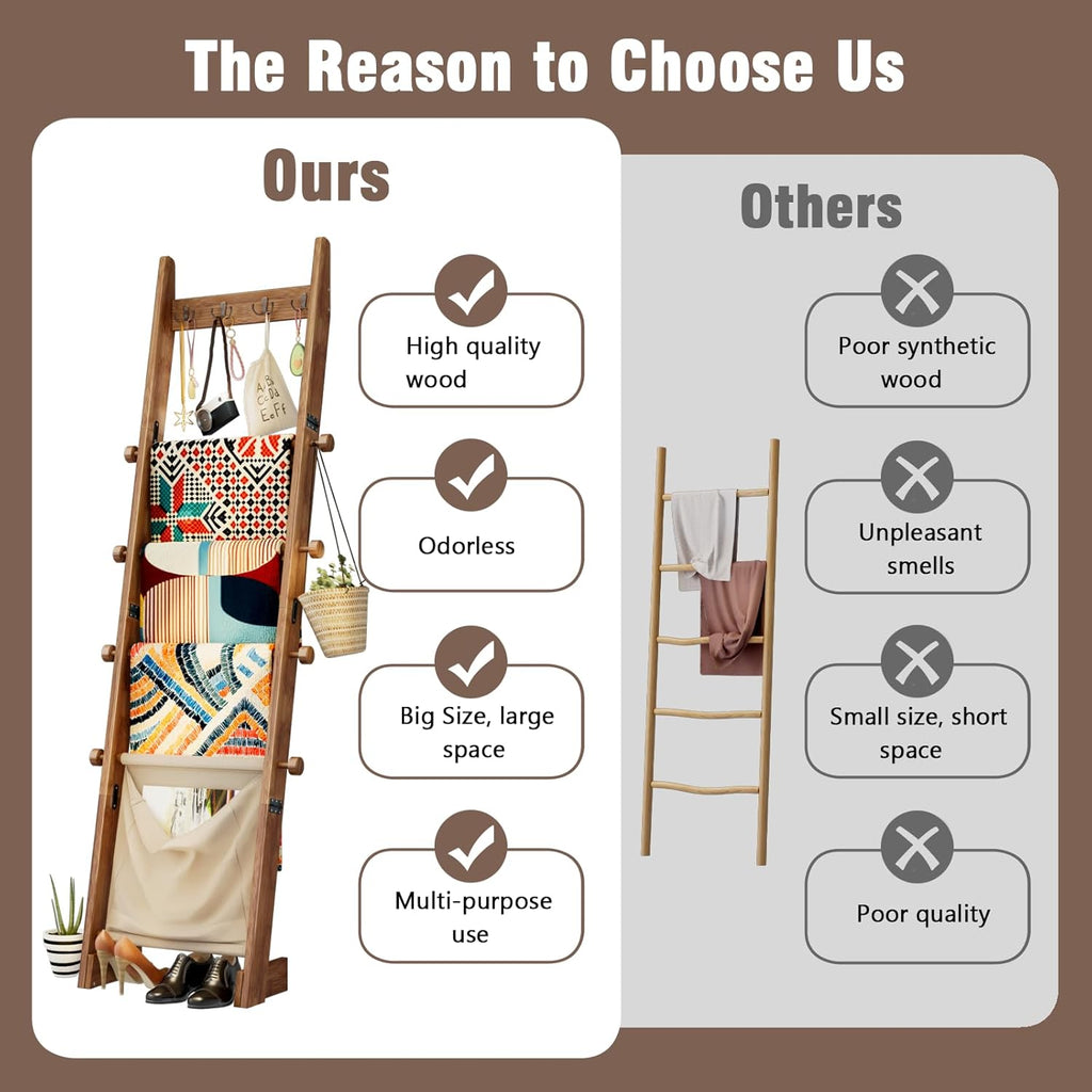 REFGY 5-Tier Blanket Ladder Shelf, 5.3FT (63'') Wall Leaning Blanket Ladders for Living Room Bedroom, Decorative Quilt Rack with 4 Metal Hooks, Rustic Farmhouse Decorative Ladder for Blankets, Brown