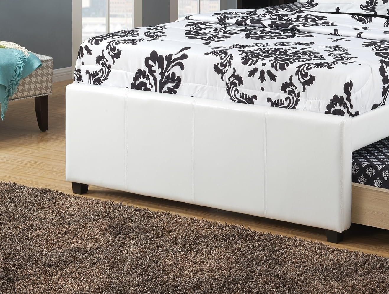 Full Size Bed w, Trundle Slats White Faux Leather Upholstered Plywood Youth Bedroom Furniture Wooden Slats