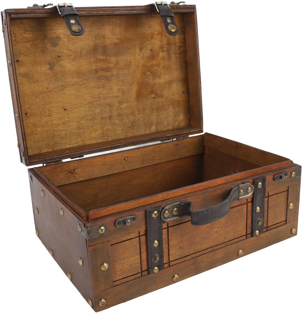 Sonew Vintage Distressed Wooden Storage Trunk with Textured Leather Handle for Multipurpose Use - Portable Antique Style Wood Chest for Clothes, Toys, and Photo Props (Large)