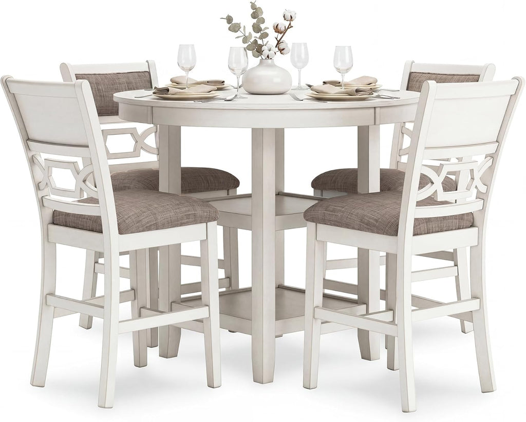Signature Design by Ashley Erinberg Casual Counter Height Dining Table and 4 Armless Upholstered Bar Stools with Footrest and 2 Shelves, Set of 5, White & Light Gray