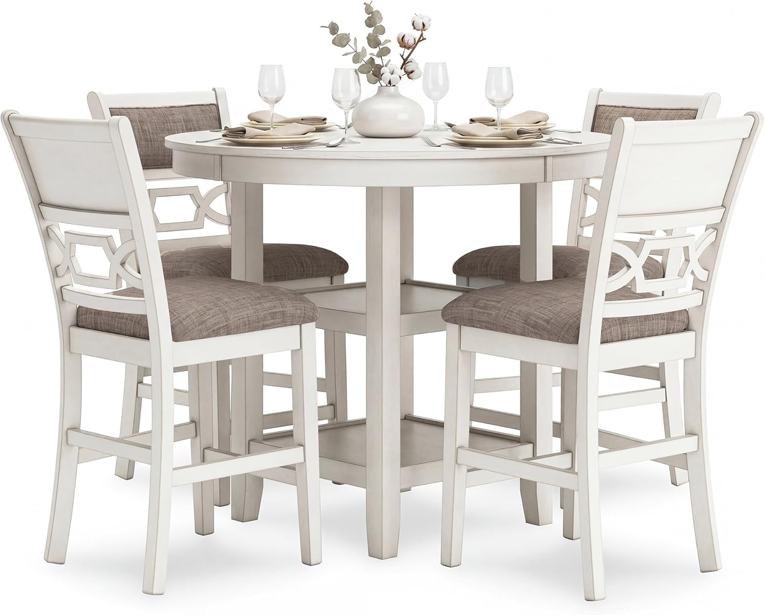 Signature Design by Ashley Erinberg Casual Counter Height Dining Table and 4 Armless Upholstered Bar Stools with Footrest and 2 Shelves, Set of 5, White & Light Gray