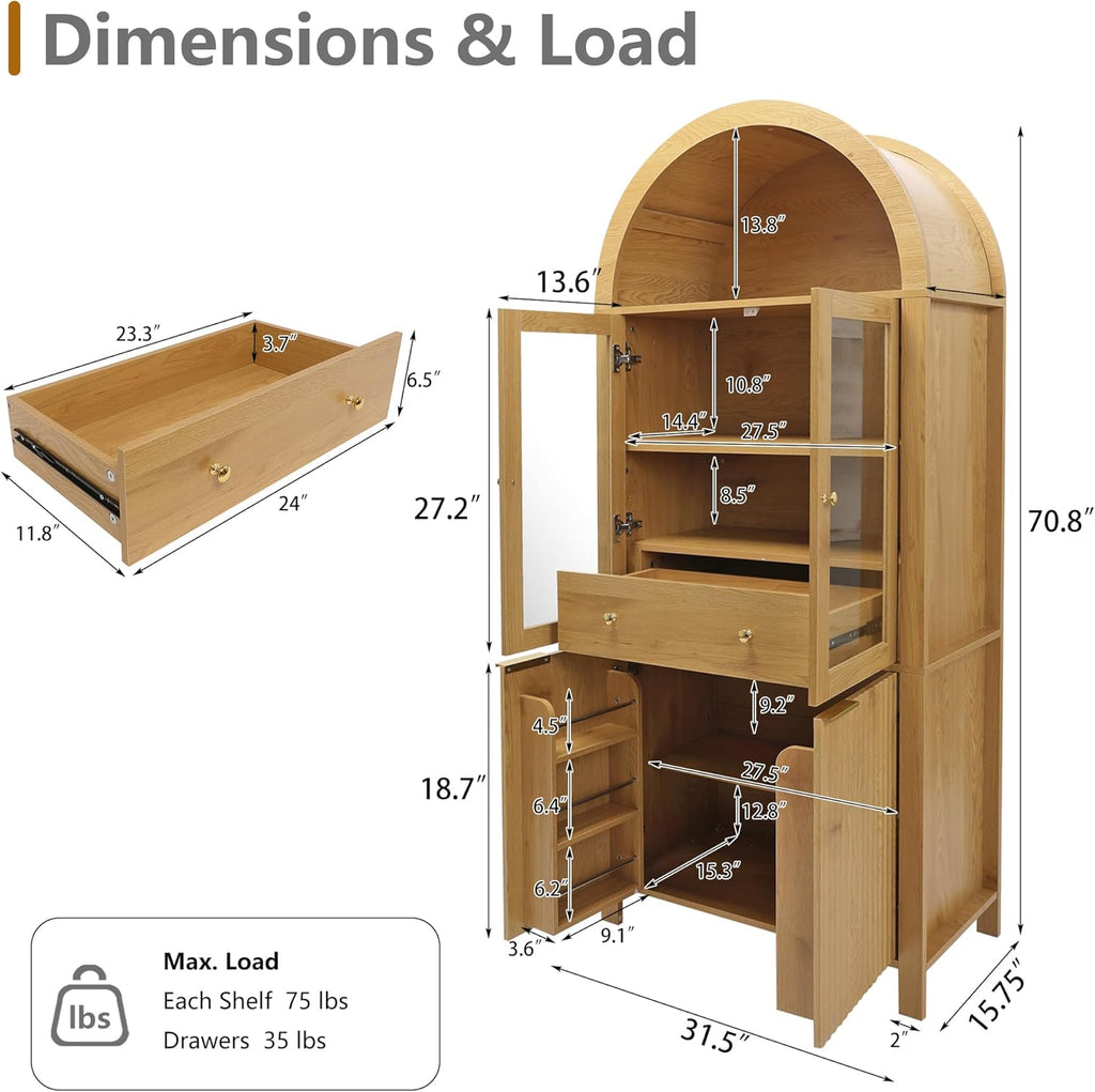 71'' Tall Arched Kitchen Pantry Cabinet with Glass Doors, Oak Finish Fluted Storage Cabinet with Adjustable Shelves & Drawer, China Cabinet for Kitchen, Dining Room