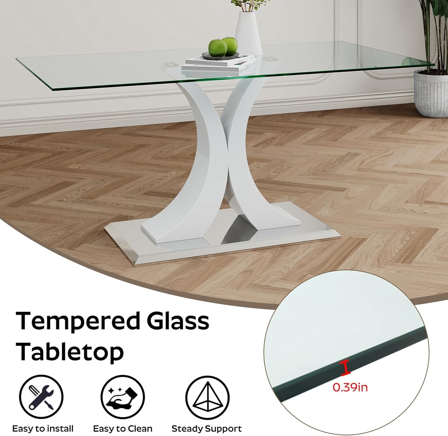 7-Piece Modern Luxury Glass Dining Set, Large Minimalist Rectangle Dinner Set for 6, 63'' Clear Glass Top Kitchen Table Set with White & Silver Base, Beige Tufted Chairs, for Apartment Home