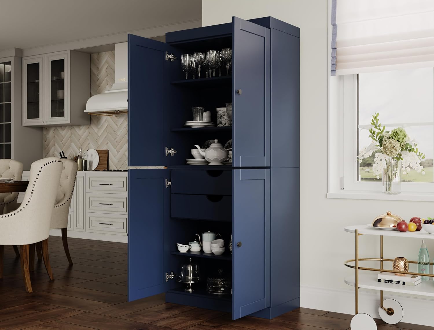 Palace Imports Solid Wood Kitchen Pantry Cabinet - 71.5" Tall x 32" W - Wooden Storage Cabinet w/ 4 Shaker Doors, 2 Drawers & 4 Adjustable Shelves, Navy Blue, 100% Eco-Friendly Wood, Made in Brazil