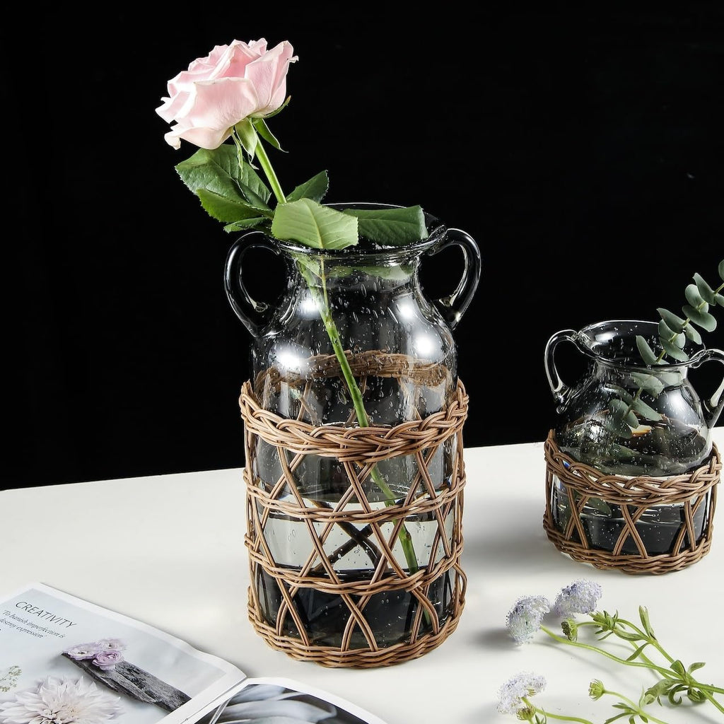 KIANG Vase - Perfect Home Decor and Thoughtful Gift for Grandparents（Dark Forest Rattan Series-Large Gray Vase