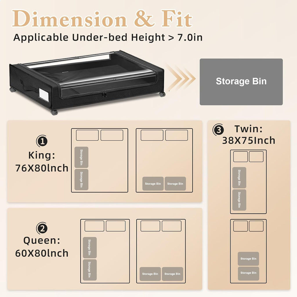 Under Bed Storage with Wheels 2-Pack，Under Bed Storage Containers XXL，Underbed Shoes Storage with Clear Lid,Rolling UnderBed Metal Drawer for Clothes Blankets Easy Pull-out Black