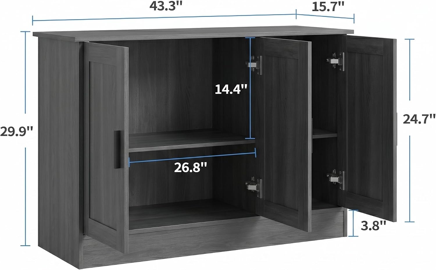 Anystyle 43" Dark Grey Buffet Cabinet with Black Handles
