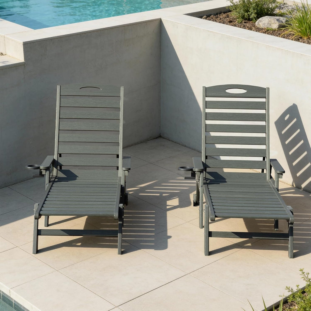 Domi Outdoor Lounge Chairs Set of 2, HDPE Pool Chaise Lounge Chairs for Poolside, Pool Loungers for Outside, Patio, Sunbathing Tanning, Grey