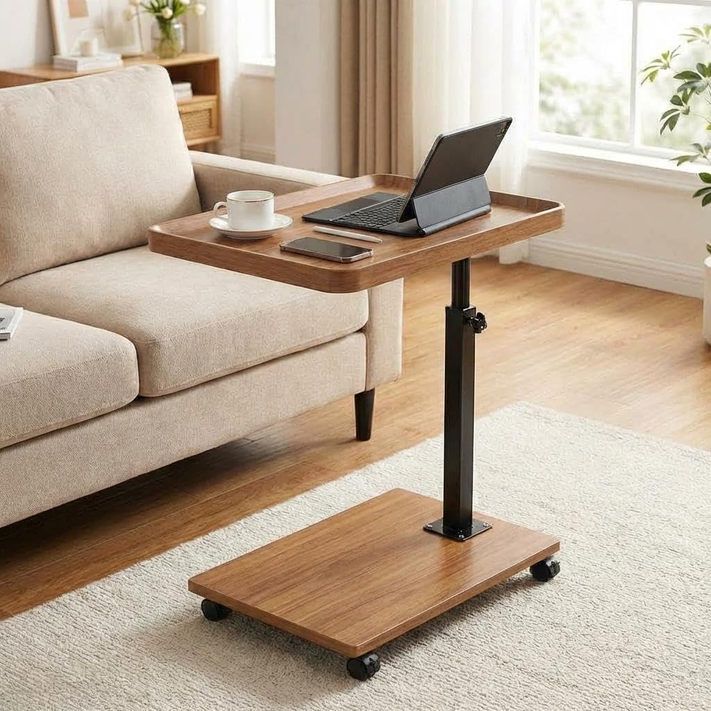 C Shaped End Table with Natural Wood Top & Wheels, Adjustable Height Side Table That Slides Under Couch, Modern Laptop & TV Tray for Sofa, Bed