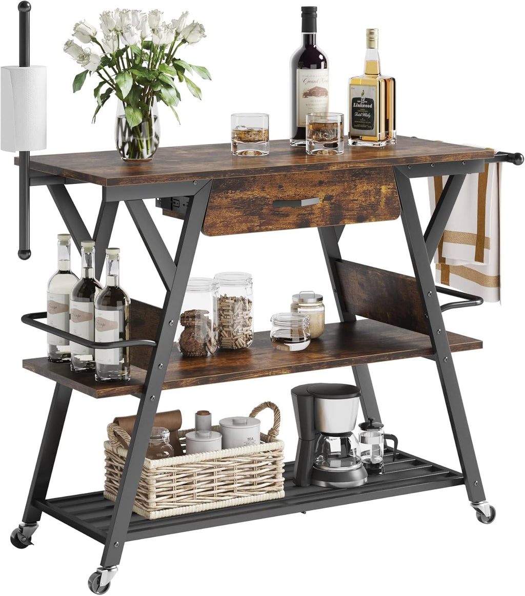 Bestier Coffee Bar Station, Kitchen Island Cart with Storage, Coffee Cart Station with Drawer,Paper Towel Holder and Lockable Wheels, Bar able for Dinning Room Living Room, Rustic Brown