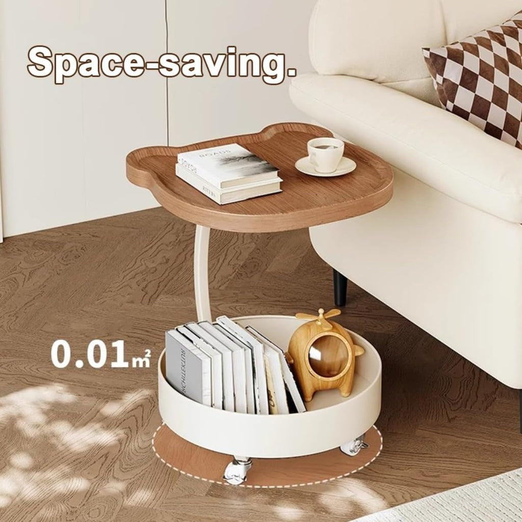 C Shaped End Table, 360°Swivel TV Tray Table with Wheels, Side Table with Storage TV Tables for Eating, Dinner, C Shaped End Tables Living Room, Bedroom for Sofa, Couch, Snack (White)