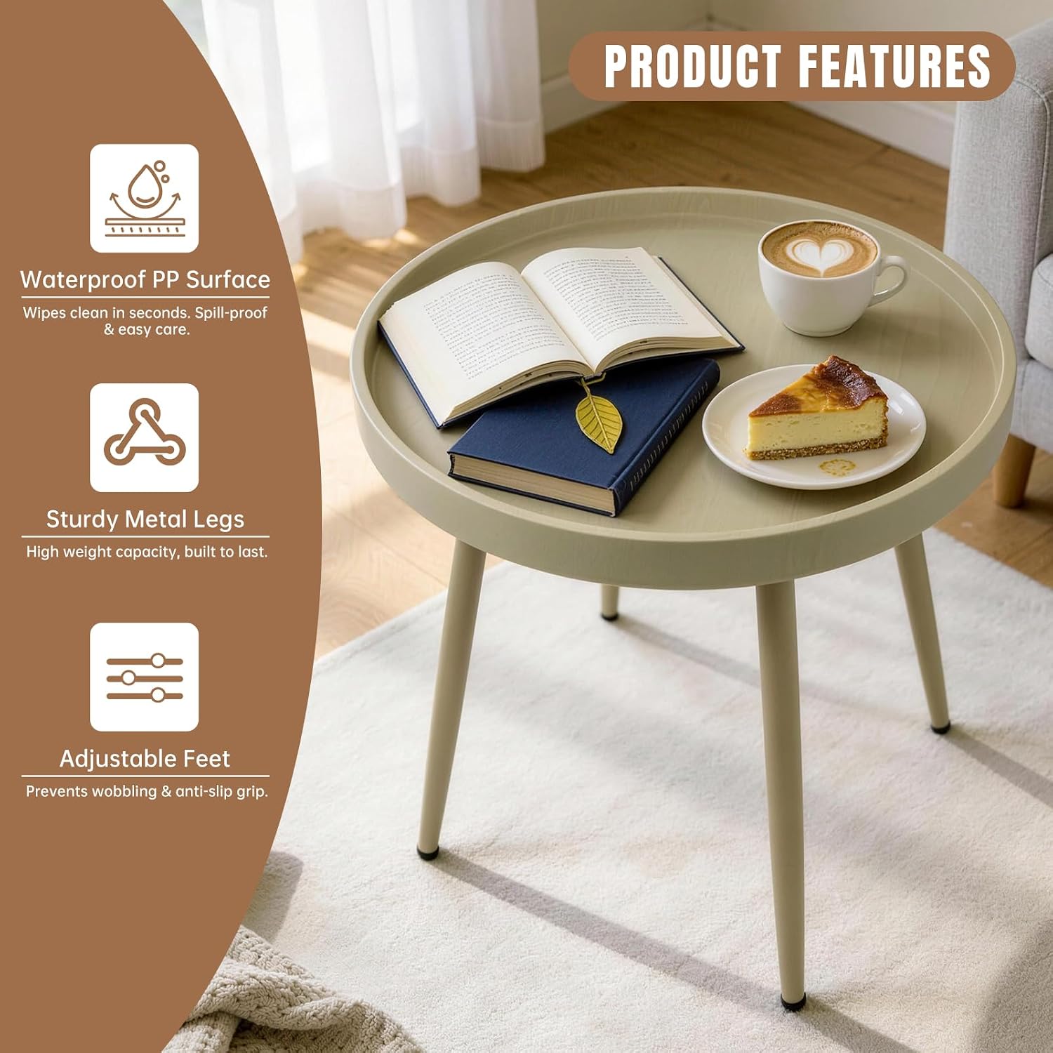 20" Round Side Table, Plastic Top, Iron Frame, Waterproof, Camel | Waterproof, easy-clean plastic top.Tool-free assembly, sets up in minutes.End table, Nightstand, Accent table. Lightweight.