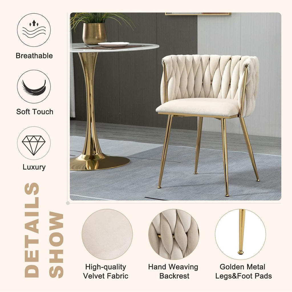 NIOIIKIT Modern Velvet Dining Chairs Hand Weaving Accent Chairs Living Room Chairs Upholstered Side Chair with Golden Metal Legs for Dining Room Kitchen Vanity Living Room (Ivory)