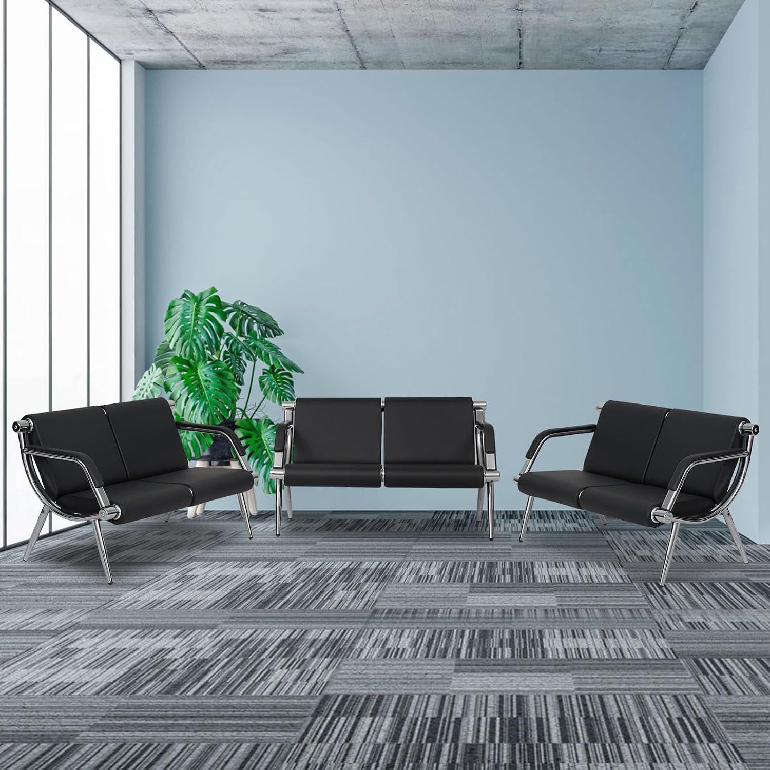 Kinfant Waiting Room Chair- Office Reception Furniture with Armrest and PU Leather Cushion, Office Guest Chair for Waiting Room Airport Hospital Bank Lobby, Black (2-seat*3)