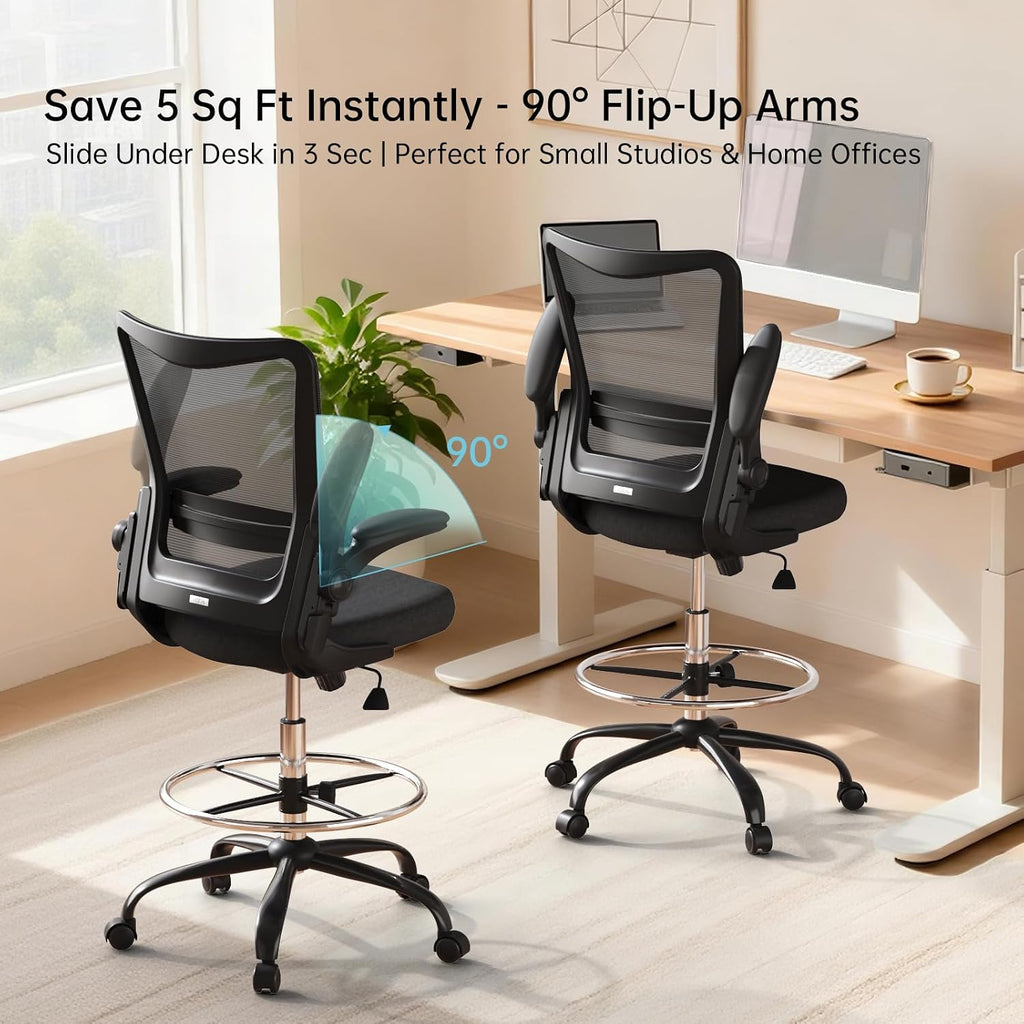 Drafting Chair,Tall Office Chair for Standing Desk,Office Drafting Chair with Footrest Ring,High Office Chair with Tilt Back,Extra Tall Office Chairs with Flip Up Armrest
