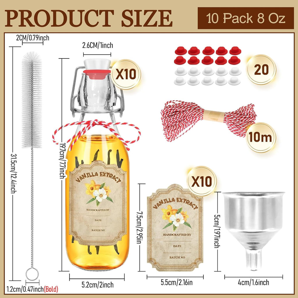 10 Pack Swing Top Glass Vanilla Extract Bottles 8 oz with Lids, Vanilla Extract Labels and Funnel, Glass Boston Bottles for Syrup Gift, Flip Top Jars