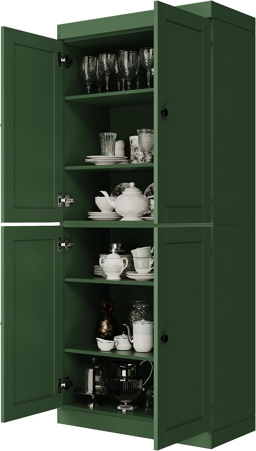 Palace Imports Solid Wood Kitchen Pantry Cabinet - 71.5" Tall x 32" Wide - Wooden Storage Cabinet with 4 Shaker Doors & 4 Adjustable Shelves, Green, 100% Renewable Eco-Friendly Wood, Made in Brazil