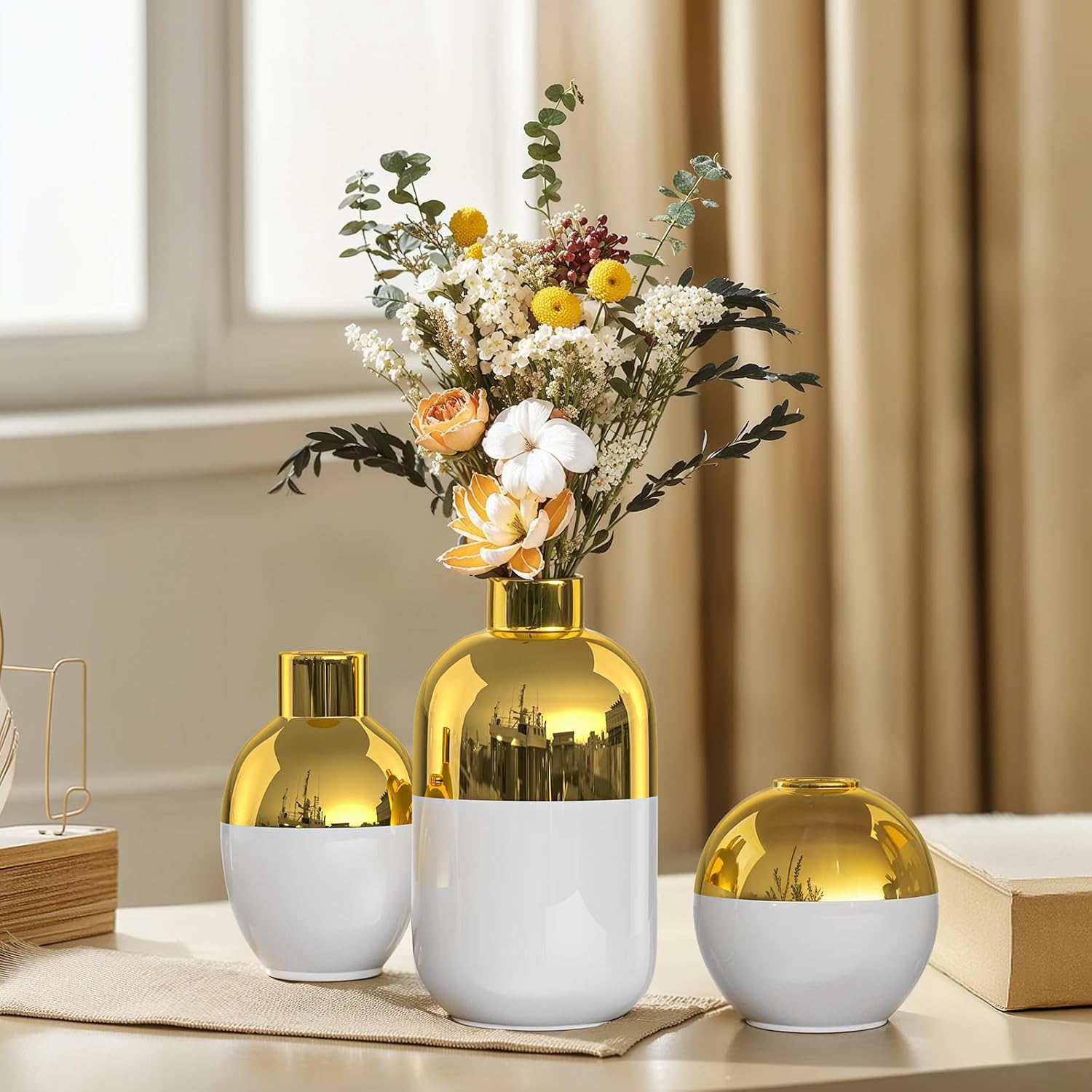 White and Gold Ceramic Flower Vase Set of 3,Glossy Gold Modern Round Decorative Vases for Pampas Grass Home Decor,Bedroom,Office,Living Room,Bookshelf,Wedding,Bathroom Table Centerpiece (White)