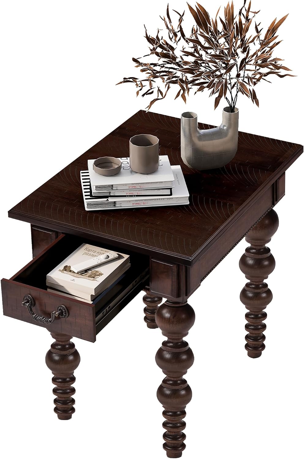 Homora Rectangular Wooden End Table with Storage Drawer, Vintage Narrow Sofa Table with Solid Wood Gourd-Shaped Legs, Farmhouse Side Table for Living Room Apartment Office, Espresso