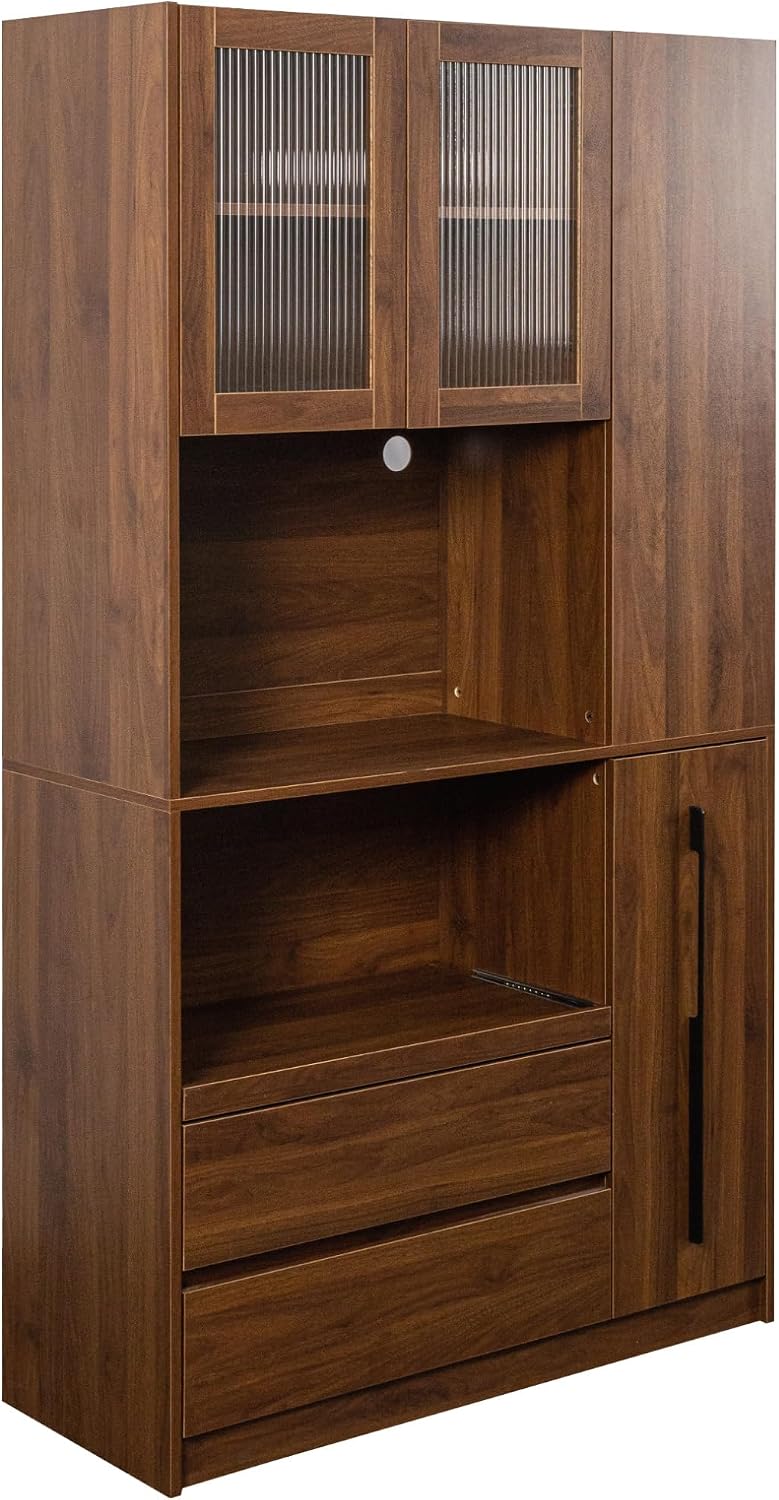 70.87" Tall Kitchen Pantry Cabinet with Pull-Out Storage Shelf and 4-Tier Side Shelf, 2 Drawers, Freestanding Food Hutch with Microwave Stand and Glass Door, Coffee Bar Storage Cabinet, Walnut