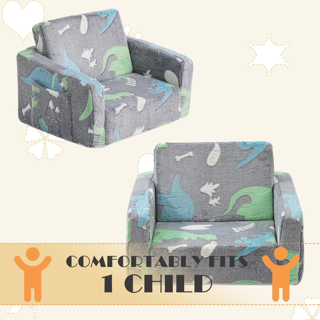 Baby Toddler Couch Chair Kids Foldable 2-in-1 Toddler Fold Out Couch Sofa for Playroom Pull Out Children Convertible Sofa to Lounger Chair for Boys & Girls with Side Pockets, Glow in the Dark Dinosaur