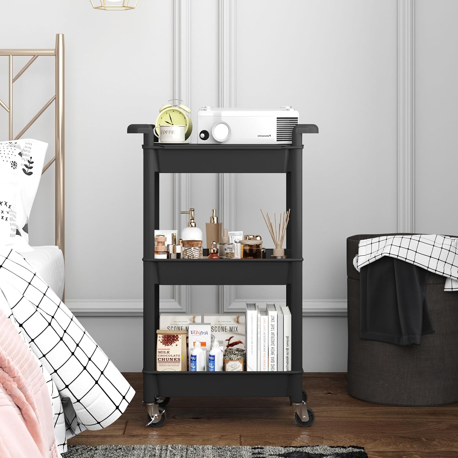 MIOCASA 3-Tier Utility Rolling Cart with Cover Top Board, Kitchen Storage Organization Cart with Wheels for Office, Classroom, Living Room, Kitchen, Bathroom, Black, Plastic