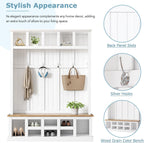 Farmhouse Wood Hall Tree with Bench and Shoe Storage, 5-in-1 Coat Rack with 6 Hooks for Entrance, Hallway White