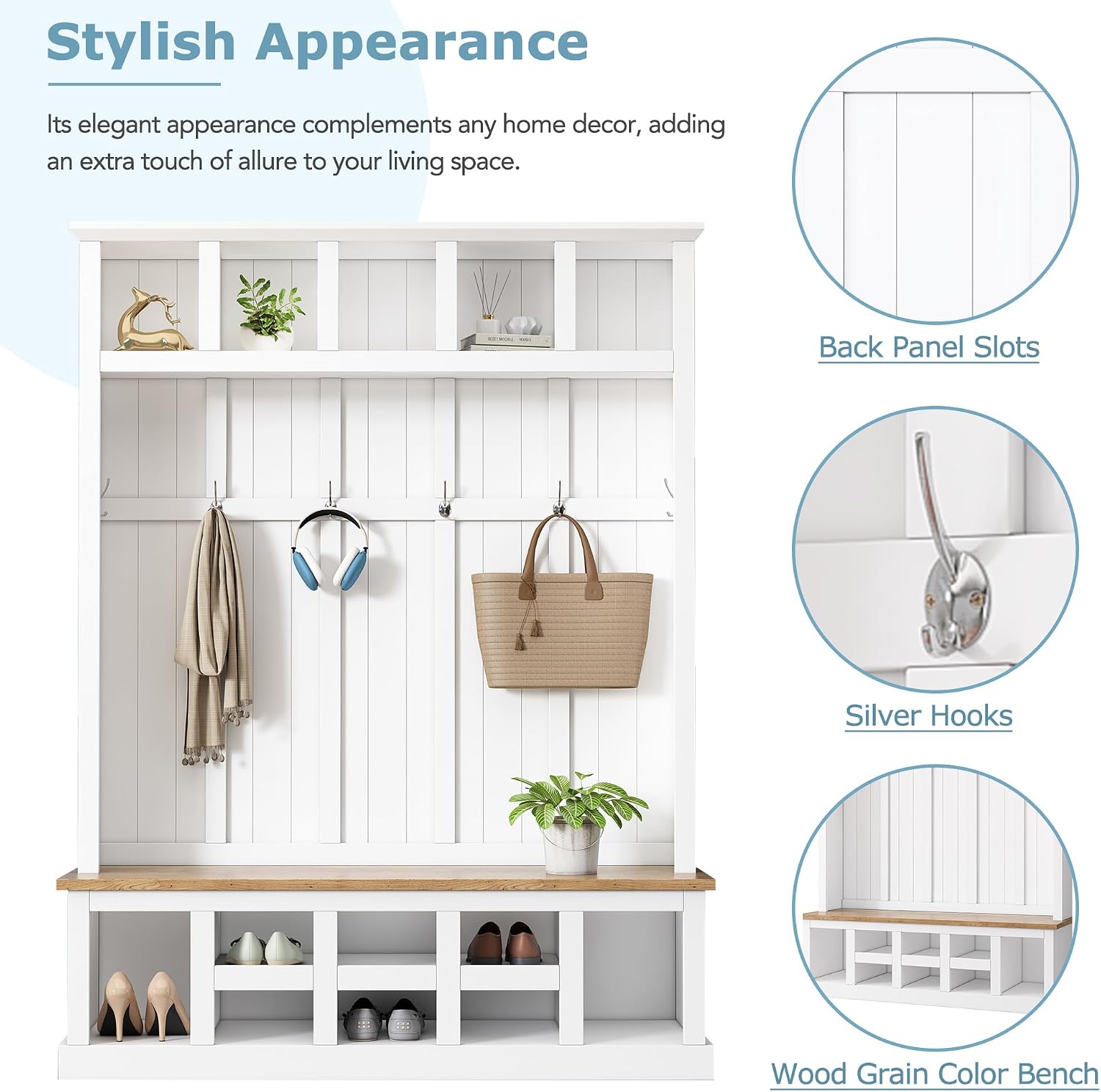 Farmhouse Wood Hall Tree with Bench and Shoe Storage, 5-in-1 Coat Rack with 6 Hooks for Entrance, Hallway White