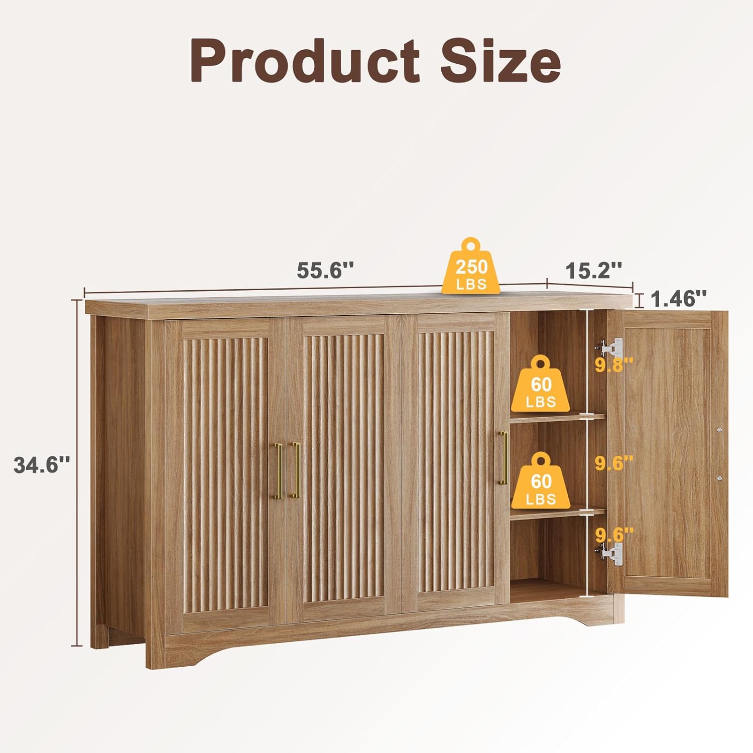 Memobarco Fluted Buffet Cabinet with Storage（55.59" W Accent Sideboard Cabinet Modern Credenza with Doors & Adjustable Shelves Modular Coffee Bar Media Console for Dining Room Entryway,Natural Oak
