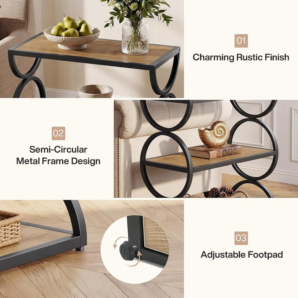 Tribesigns 3-Tier End Table, Narrow Side Table with Storage Shelves, Industrial Accent Table with Unique Circular Frame, Sofa Side Table for Living Room, Rustic Brown