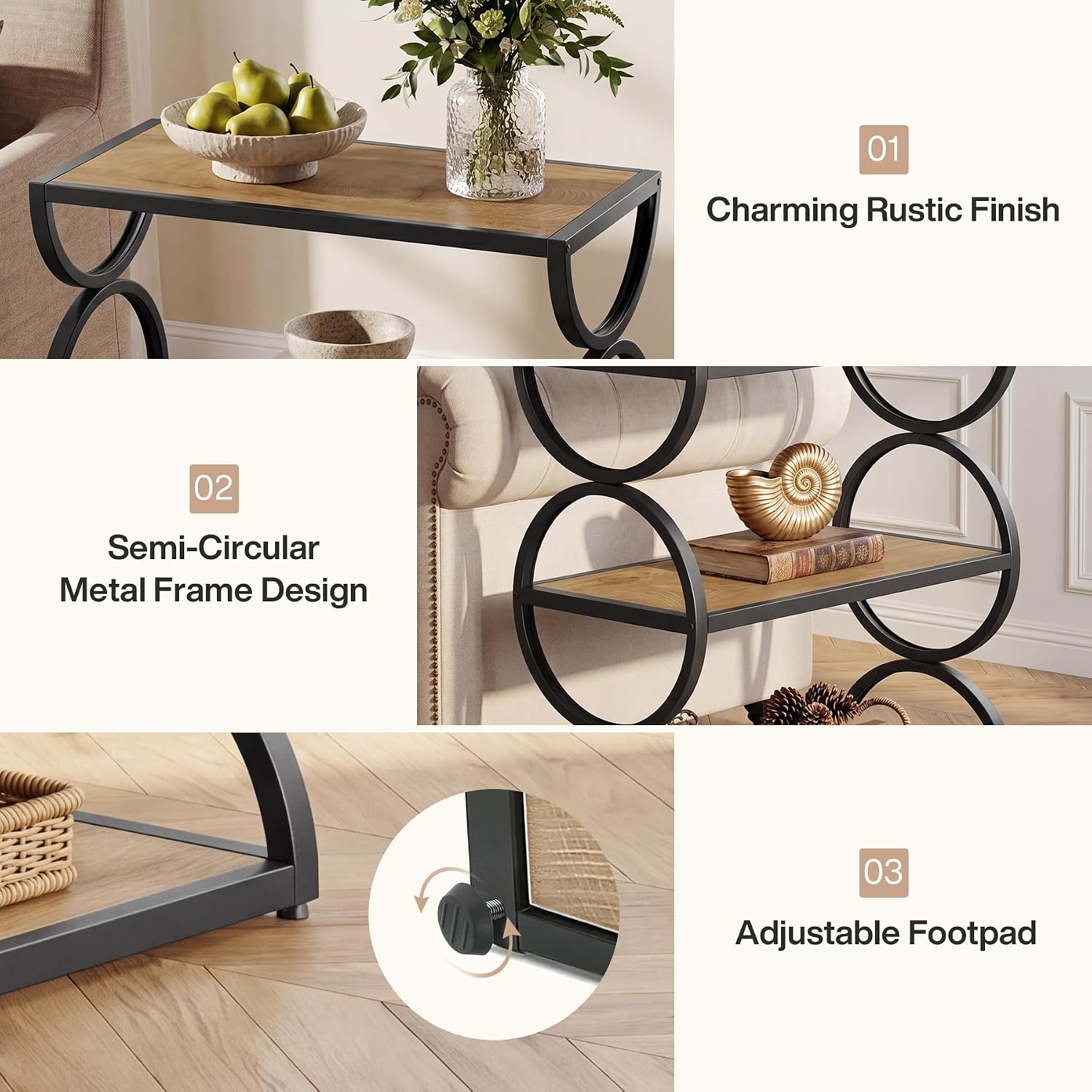 Tribesigns 3-Tier End Table, Narrow Side Table with Storage Shelves, Industrial Accent Table with Unique Circular Frame, Sofa Side Table for Living Room, Rustic Brown