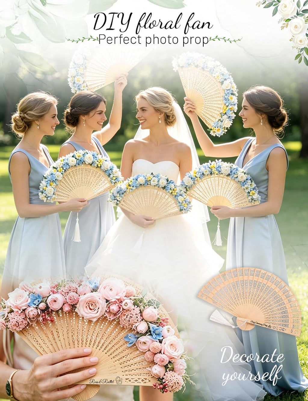 Personalized Fans for Wedding - Handheld Foldable Wooden Fans with Tassels and Organza Bags Custom Wedding Favors for Guests, Eco-Friendly Bulk Bridal Party Gifts (50)