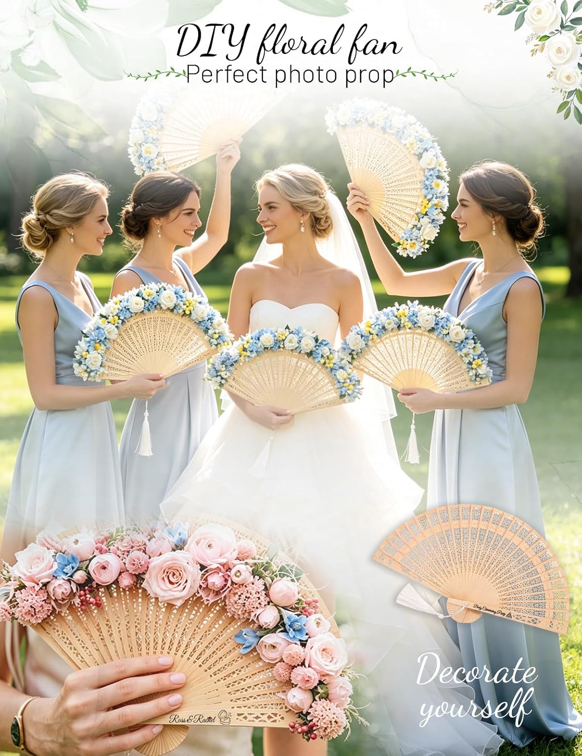 Personalized Fans for Wedding - Handheld Foldable Wooden Fans with Tassels and Organza Bags Custom Wedding Favors for Guests, Eco-Friendly Bulk Bridal Party Gifts (50)