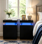 Black Nightstands Set of 2, LED End Table for Bedroom, Modern Bedside Table with Door One Storage Cabinet, Night Stand with Led Light