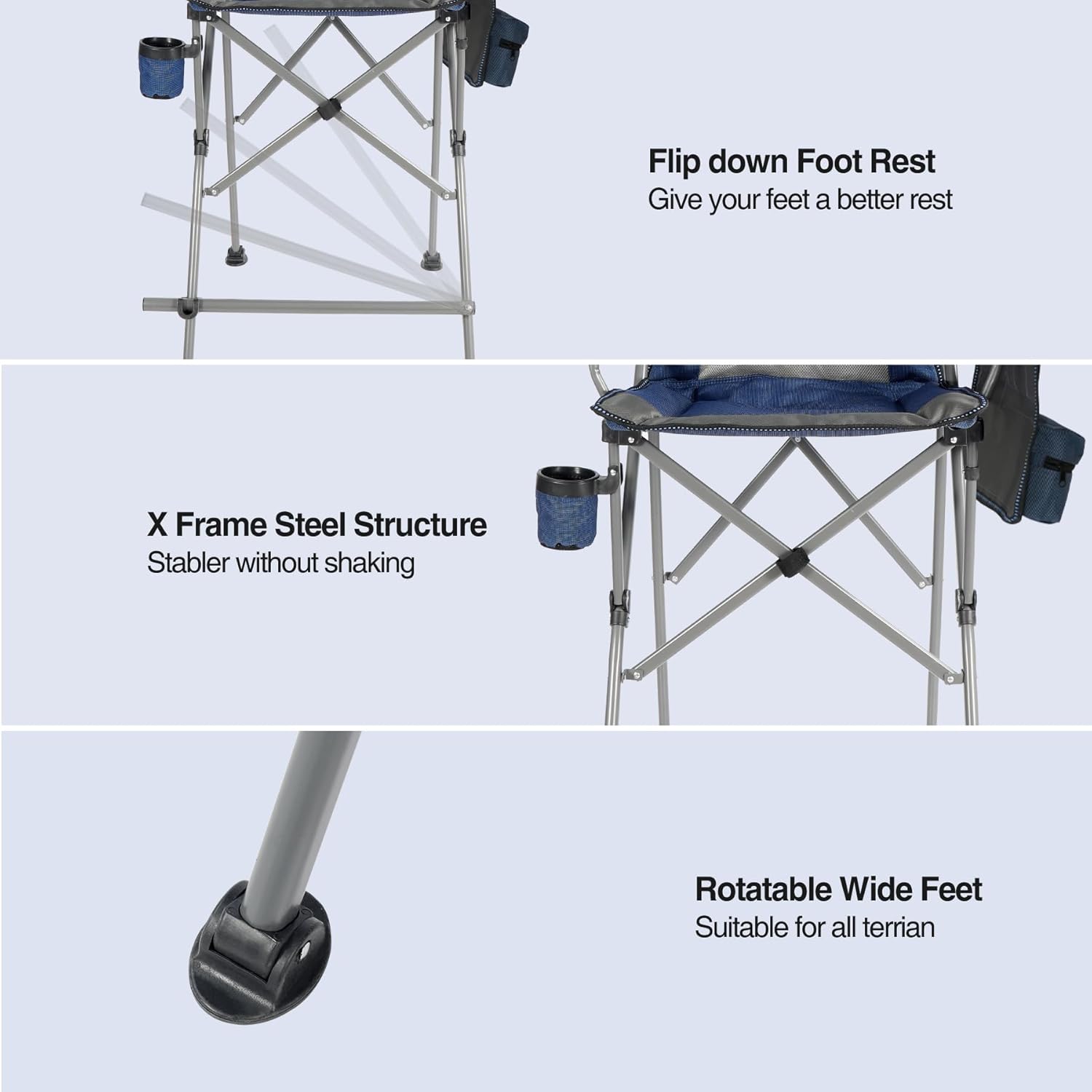 Extra Tall Folding Chairs with Canopy Shade for Adults, Portable Height Foldable Director Chairs with Umbrella for Concerts Sports Events Camping Outside with High Back, Blue 2 Pack