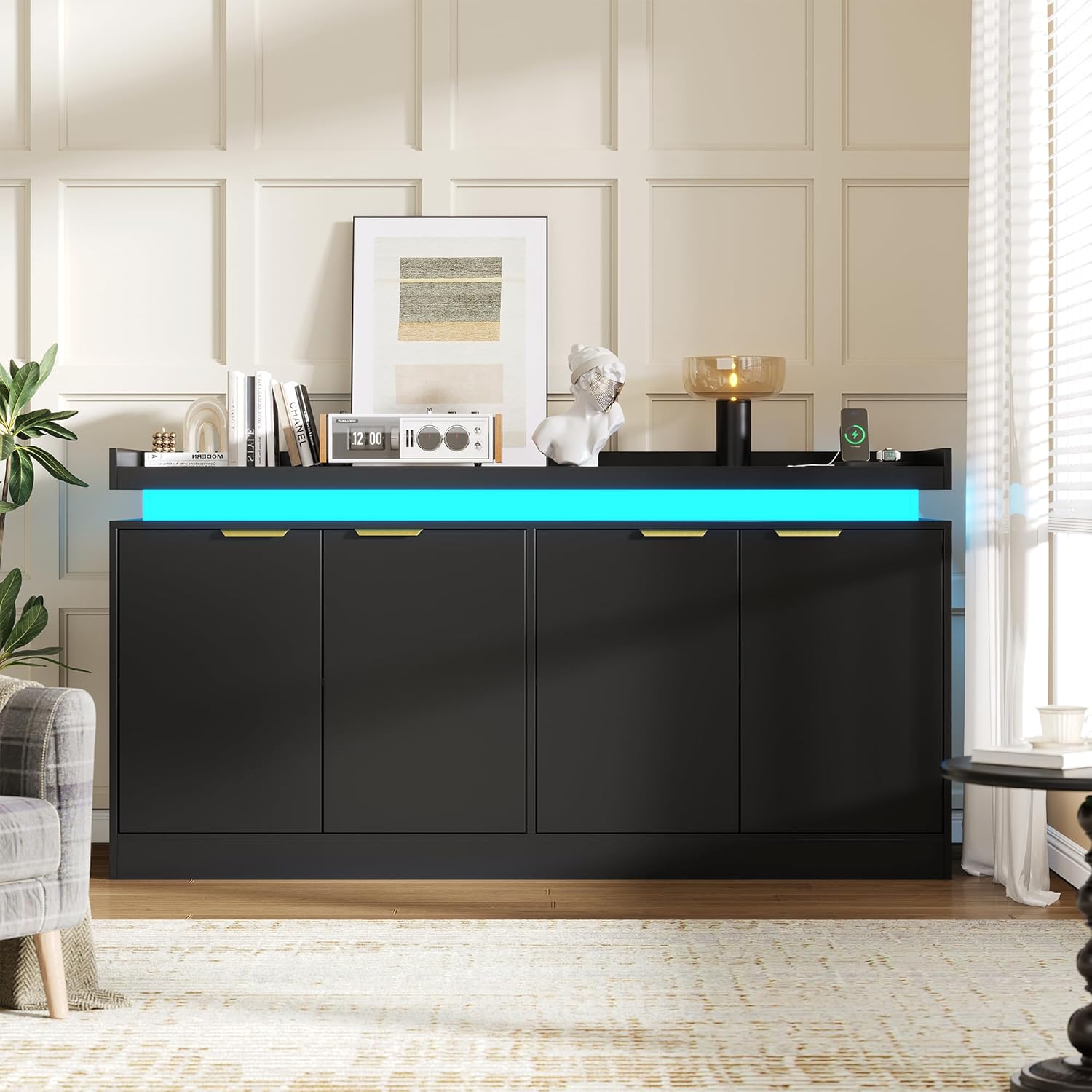UNIQUITE 63" Sideboard Buffet Cabinet, Kitchen Buffet Cabinet Storage Cabinets with Power Outlets & LED Light, Modern Sideboard Coffee Bar Buffet Cabinets for Kitchen, Dinning, Living Room